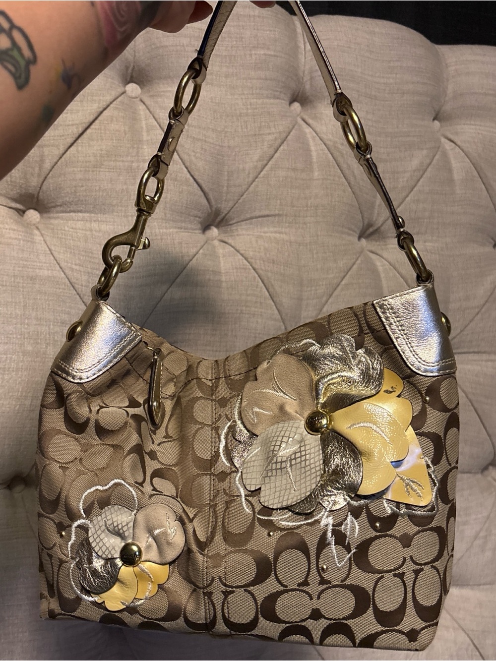 Coach Brown Signature Shoulder Bag with Gold Floral Appliqués